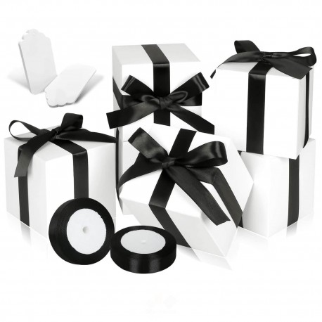 Paquete de 48 cajas, tags y cinta de raso negra