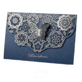 Paquete de 25 invitaciones de mariposa y su sobres color azul marino