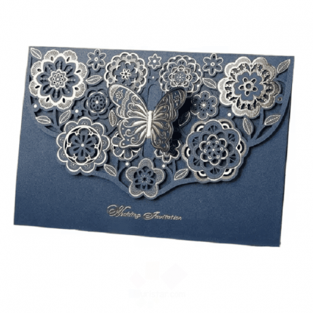 Paquete de 25 invitaciones de mariposa y su sobres color azul marino